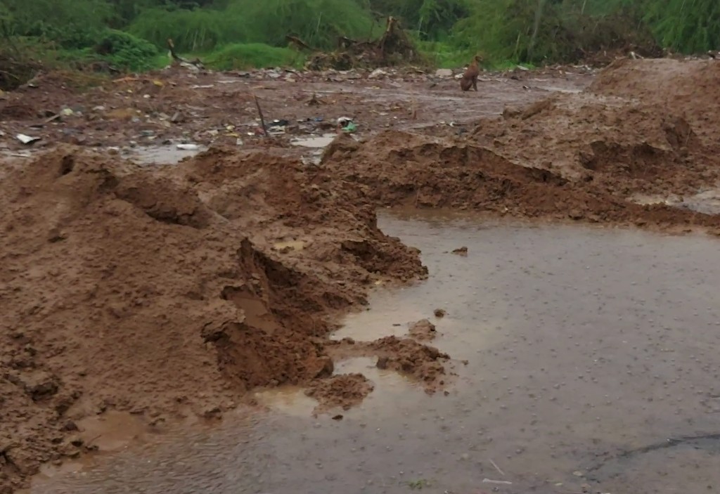 Monsoon flooding across the degraded site — poor infiltration and standing water
