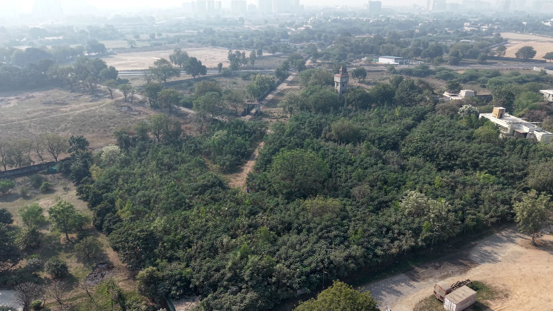 Aerial view of restored Miyawaki forest in urban context